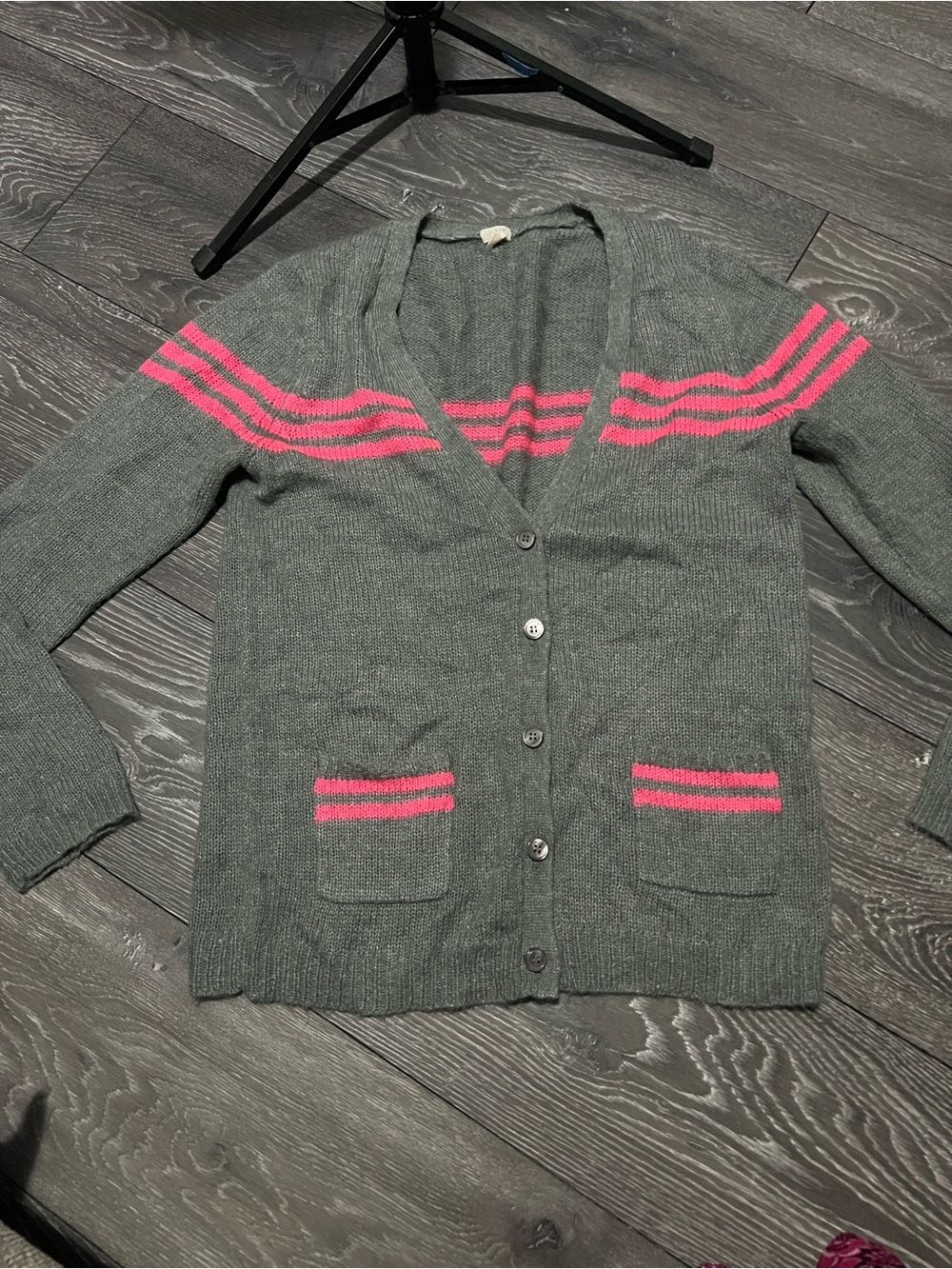 J. Crew Gray Cardigan with Pink Stripe Accents